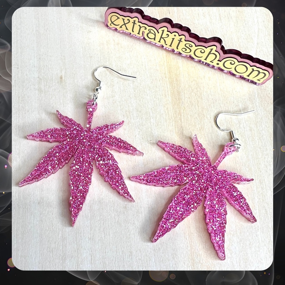 420 Leaf Earrings - Pink Glitter